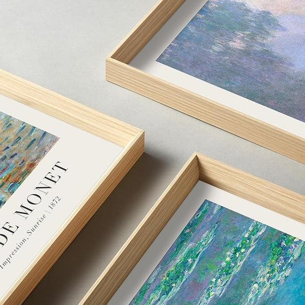 Framed Claude Monet Water Lilies Canvas Wall Art,Vintage Impressionist Botanical Painting,16x12IN High Framed Design Prints,Minimalist Classic Decor Aesthetic for Living Room,Bedroom,Bathroom Set of 3
