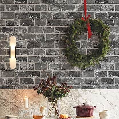 JiffDiff Brick Wallpaper Peel and Stick, Removable Vintage Self Adhesive Wallpaper Renter Friendly Textured Stick on Wallpaper Contact Paper （17.3" x 1200" Black Brick）