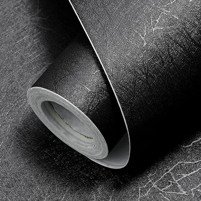 Black Silk Wallpaper Embossed Peel and Stick Wallpaper 17.7 inch X 120 inchTextured Self-Adhesive Removable Contact Paper Waterproof Vinyl Roll for Bedroom Cabinet Furniture