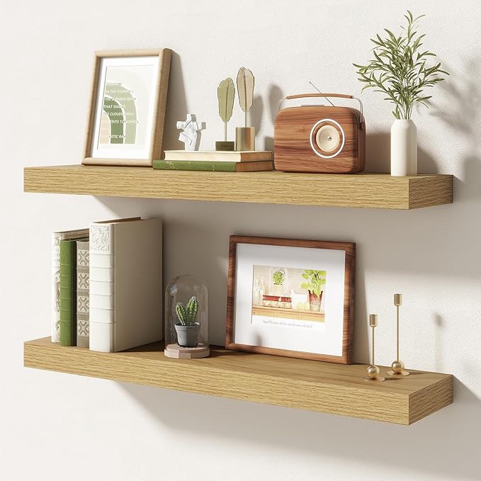 30 Inch Floating Shelves | 6.5 Inch Deep Oak Floating Shelves Set of 2 | 30" W x 6.5" D Rustic Oak Shelves with Invisible Brackets for Bathroom Living Room Bedroom