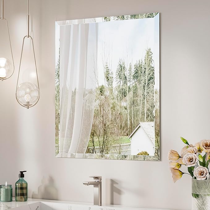 Keonjinn 22 x 30 Inch Frameless Bathroom Mirror, Beveled Mirrors for Bathroom Sink, Shatterproof Wall Mirror, Modern Decorative for Living Room, Entryway, Bedroom, Horizontal/Vertical