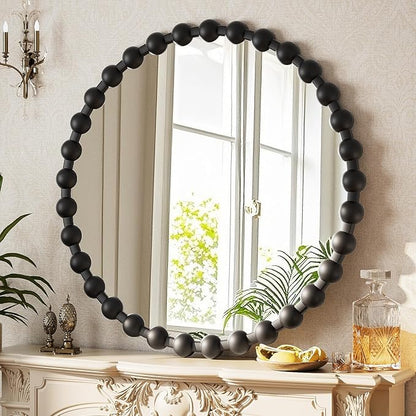 Round Mirror for Wall, 28 Inch Black Beaded Frame Decorative Vanity Mirror, Circle Bathroom Mirror with High-Definition Lense, Modern Wall Decor for Bathroom, Living Room, Bedroom, Entryway