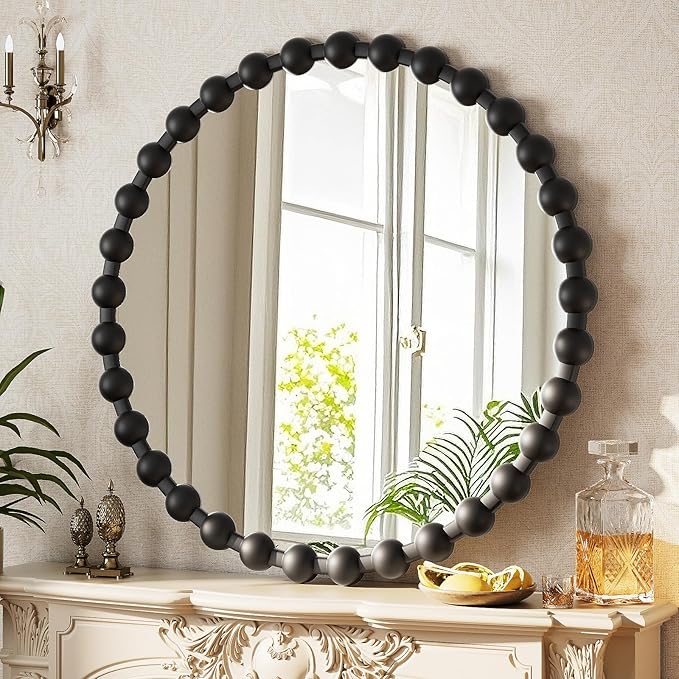 Round Mirror for Wall, 28 Inch Black Beaded Frame Decorative Vanity Mirror, Circle Bathroom Mirror with High-Definition Lense, Modern Wall Decor for Bathroom, Living Room, Bedroom, Entryway