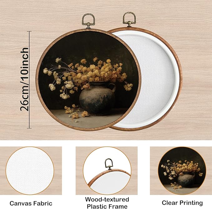 KSDUT Moody Flower Wall Art Decor - Retro Botanical Neutral Mid Century Modern Wall Art Canvas Frame Hanging Prints, Vintage Yellow Floral Round Artwork Decor for Home Decorations 10