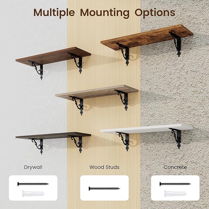 RICHFOCUS Floating Shelves for Wall Decor, 24Inch Shelves Set of 2, 24W x 8D Floating Shelves Wall Mounted with Metal Brackets, Rustic Wood Shelves for Living Room Bedroom Kitchen, Grey