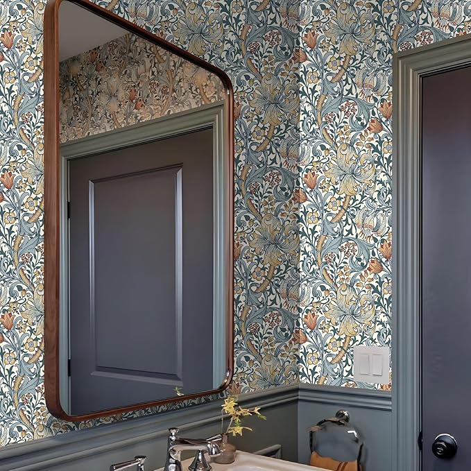 Vintage Wallpaper Peel and Stick Boho Wall Paper Removable Waterproof Golden Lily Contact Paper for Bedroom, Bathroom, Home Wall 17.3" x 118"