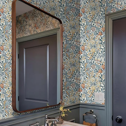 Vintage Wallpaper Peel and Stick Boho Wall Paper Removable Waterproof Golden Lily Contact Paper for Bedroom, Bathroom, Home Wall 17.3" x 118"