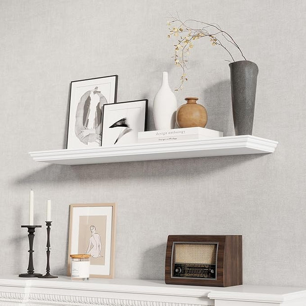 Fun Memories Floating Shelves 40 Inch Long, 9.3 Inch Deep Classic Crown Molding Floating Shelves for Wall, Rustic Wooden Shelves for Wall Decor Bathroom, Kitchen, Office, (White, 1Pack)