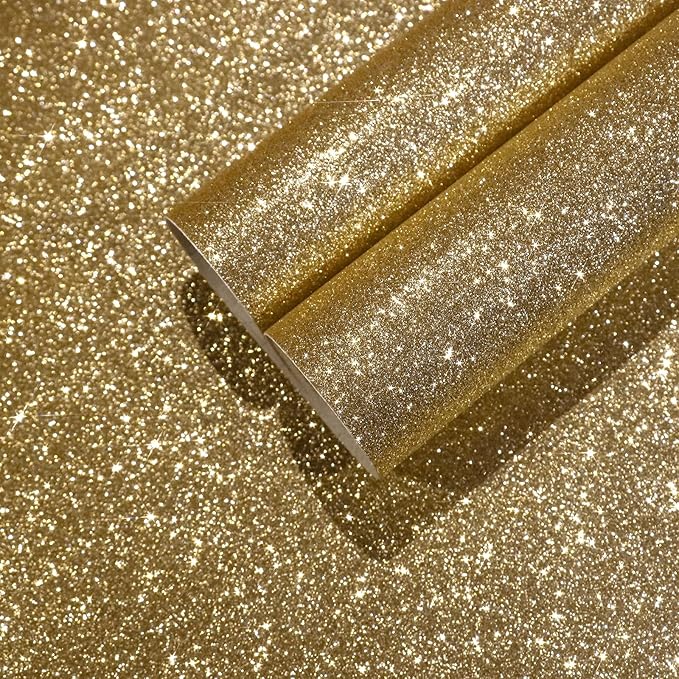 CHIHUT 15.7''x236'' Champagne Gold Glitter Contact Paper Peel and Stick Glitter Wallpaper for Bedroom Self Adhesive Removable Fabric Wallpaper Decorative Sparkle Wall Paper for DIY Crafts Dresser