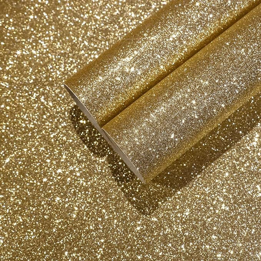 CHIHUT 15.7''x236'' Champagne Gold Glitter Contact Paper Peel and Stick Glitter Wallpaper for Bedroom Self Adhesive Removable Fabric Wallpaper Decorative Sparkle Wall Paper for DIY Crafts Dresser
