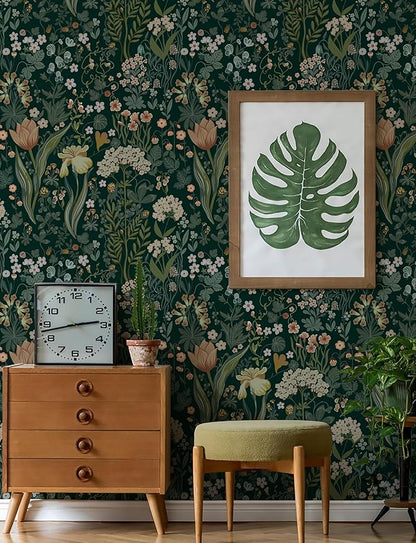 Peel and Stick Wallpaper Vintage Wall Paper Green Floral Contact Paper Removable Wallpaper 17.3"x118" Leaf Flower Self Adhesive for Bedroom Drawer Decor Vinyl Rolls