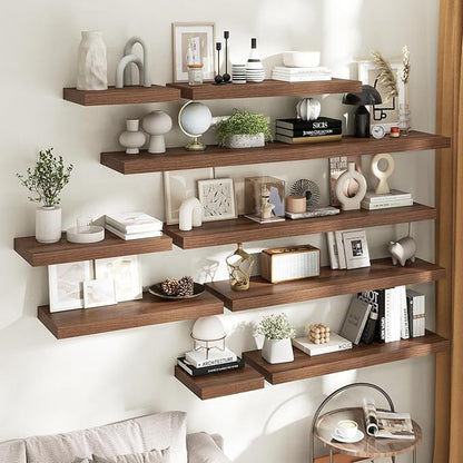 12 Inch Square Floating Shelves for Wall 2 Pack, 12"D Wood Grain Bathroom Shelves with Invisible Brackets, Easy Install Engineered Wood Storage Shelves for Kitchen, Living Room, Bedroom, Walnut Finish