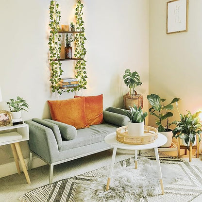 Hanging Shelf with Vine Lights(USB Powered), Macrame Shelf, Wall Shelf with Handmade Ropes, 3 Tier Floating Shelf, Boho Room Decor Aesthetic for Succulents, Bedroom, Living Room, Bathroom