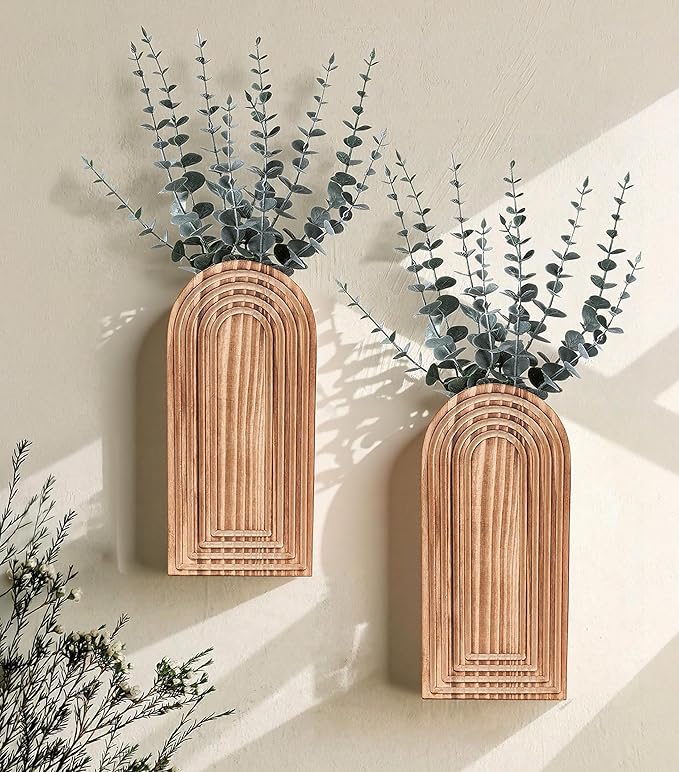 DREAMLOOM 2 Pack Wooden Wall Vases with Eucalyptus Artificial Plants, Wall Hanging Planters Boho Modern Farmhouse Indoor for Narrow Spaces Entryway Bathroom Home Office Decoration, White