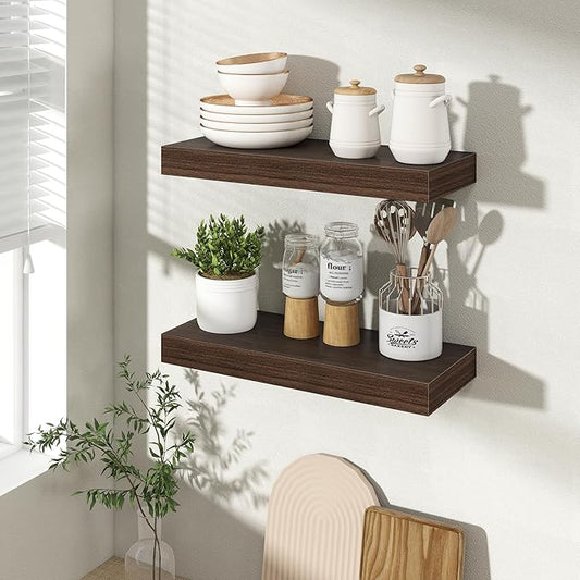 16 Inch Floating Shelves for Wall 2 Pack, 16" Wall Shelves for Books, Storage, Decor, Wall Mounted Floating Shelf with Invisible Brackets for Kitchen, Living Room, Walnut