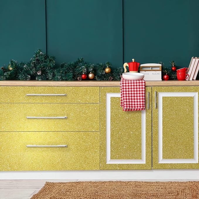 CHIHUT 15.7''x236'' Glitter Contact Paper Gold Glitter Wallpaper Stick and Peel for Walls Self Adhesive Shiny Glitter Wallpaper Roll Removable Fabric Decorative for Bedroom Cabinets Christmas Décor