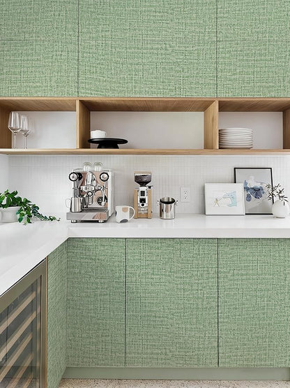 Guvana Grasscloth Peel and Stick Wallpaper Green Textured Contact Paper Modern Removable Self Adhesive Wall Paper Thicken Fabric Faux Linen Wallpaper for Bathroom Kitchen Countertop 394inx15.7in