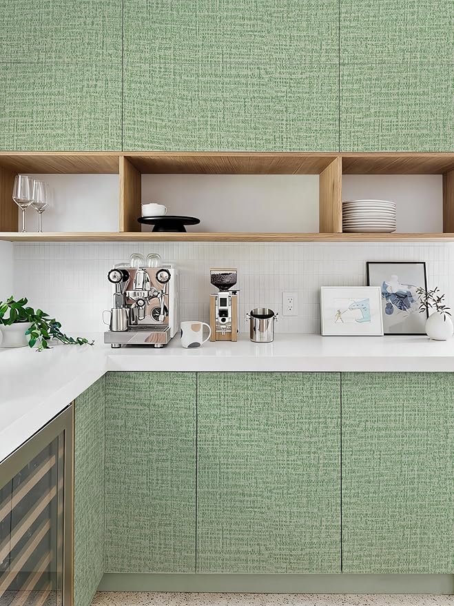 Guvana Grasscloth Peel and Stick Wallpaper Green Textured Contact Paper Modern Removable Self Adhesive Wall Paper Thicken Fabric Faux Linen Wallpaper for Bathroom Kitchen Countertop 197inx15.7in