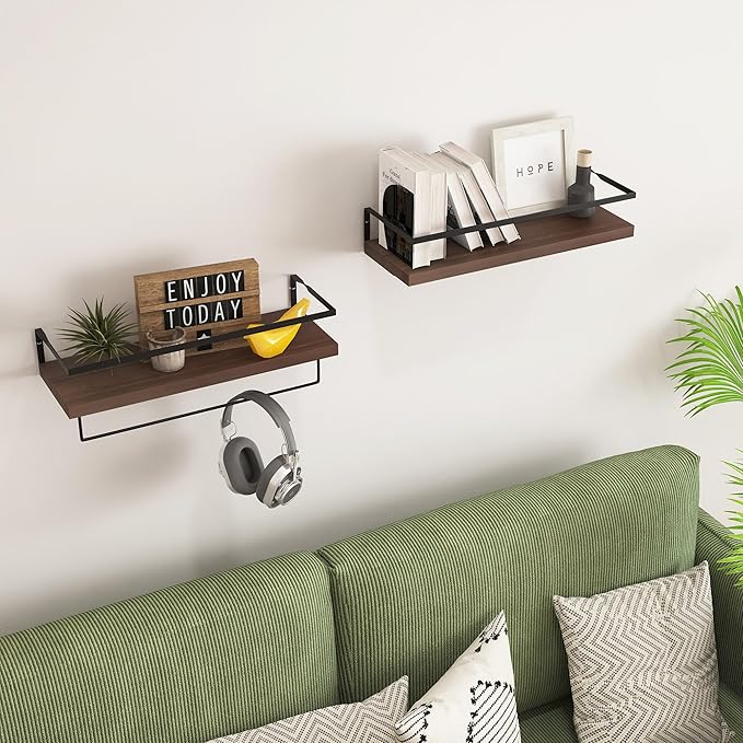 Wood Floating Shelves Wall Mounted - 2+1 Tier Rustic Bathroom Wall Shelves Over Toilet with Towel Bar, Natural Wood Set of 2 Farmhouse Floating Shelf for Bathroom, Kitchen, Bedroom, Dark Brown