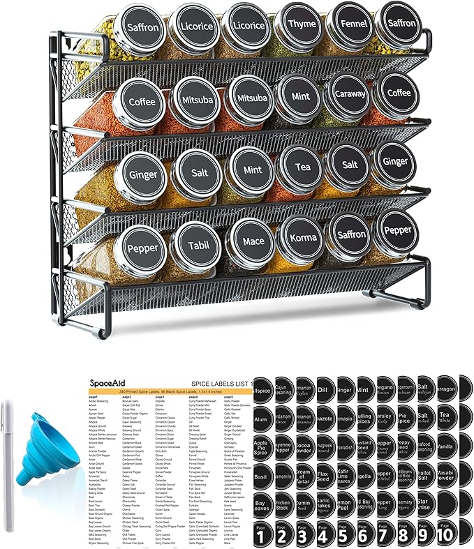 SpaceAid Spice Rack Organizer with 24 Spice Jars, 386 Spice Labels, Chalk Marker and Funnel Set for Cabinet, Countertop, Pantry, Cupboard or Door & Wall Mount -24 Jars, 11.8