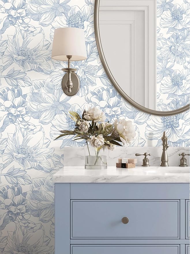 Ismoon Vintage Floral Wallpaper Peel and Stick Beige and Blue Contact Paper 17.3inx6.5ft Removable Self Adhesive Wall Paper for Bathroom Bedroom Cabinet Mural Wall Decor Vinyl Renter Friendly