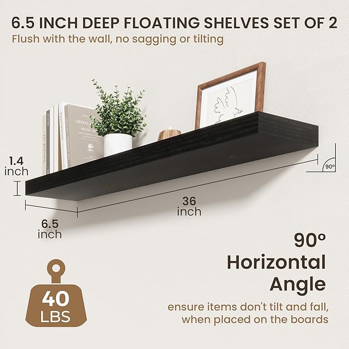 36 Inch Floating Shelves | 6.5 Inch Deep Black Floating Shelves Set of 2 | 36" W x 6.5" D Rustic Black Wood Wall Shelves with Invisible Brackets for Bathroom Living Room Bedroom