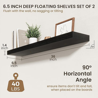 36 Inch Floating Shelves | 6.5 Inch Deep Black Floating Shelves Set of 2 | 36" W x 6.5" D Rustic Black Wood Wall Shelves with Invisible Brackets for Bathroom Living Room Bedroom
