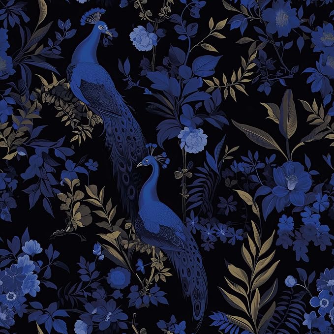 FLFK Black and Dark Blue Peacock Wallpaper,Peel and Stick Wall Mural for Living Room, Bedroom, Kitchen, Office, Apartment Decor 16"x128"