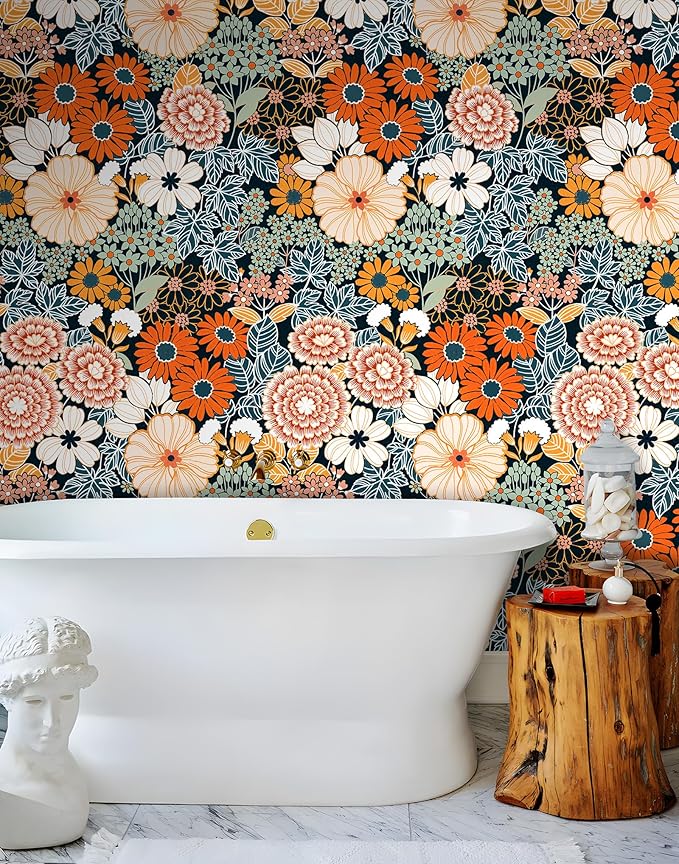 Floral Wallpaper Peel and Stick Boho Wall Paper Removable Waterproof Orange/Green/Red Contact Paper for Bedroom, Bathroom, Home Wall 17.3