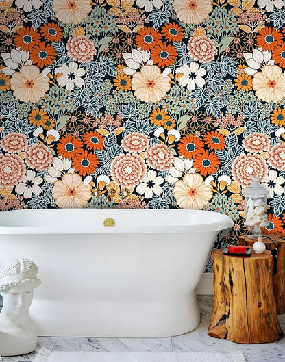 Floral Wallpaper Peel and Stick Boho Wall Paper Removable Waterproof Orange/Green/Red Contact Paper for Bedroom, Bathroom, Home Wall 17.3" x 236.3"