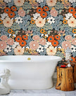 Floral Wallpaper Peel and Stick Boho Wall Paper Removable Waterproof Orange/Green/Red Contact Paper for Bedroom, Bathroom, Home Wall 17.3