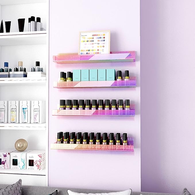 8 Pack 15 Inch Iridescent Acrylic Shelves, Clear Rainbow Kids Floating Bookshelf for Kids Room, Modern Sunglasses Essential Oil Picture Ledge Display Toy Storage Wall Shelf
