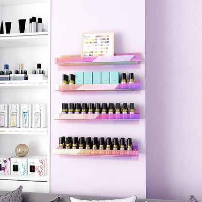 8 Pack 15 Inch Iridescent Acrylic Shelves, Clear Rainbow Kids Floating Bookshelf for Kids Room, Modern Sunglasses Essential Oil Picture Ledge Display Toy Storage Wall Shelf