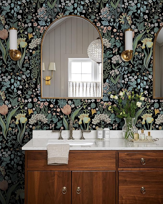Peel and Stick Wallpaper Vintage Wall Paper Black Floral Contact Paper Removable Wallpaper 17.3"x78.7" Leaf Flower Self Adhesive for Bedroom Drawer Decor Vinyl Rolls