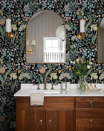 Peel and Stick Wallpaper Vintage Wall Paper Black Floral Contact Paper Removable Wallpaper 17.3"x393.7" Leaf Flower Self Adhesive for Bedroom Drawer Decor Vinyl Rolls