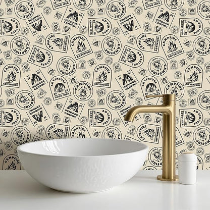 FLFK Beige Wallpaper Peel and Stick Antique Campfire Postmark Contact Paper Removable Self Adhesive Wall Paper for Bedroom Bathroom Cabinet Decor 16" x 128"
