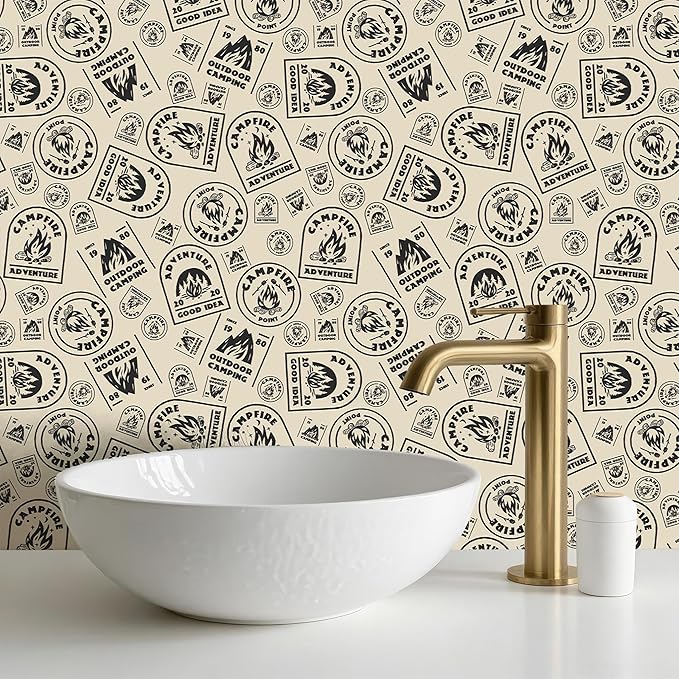 FLFK Beige Wallpaper Peel and Stick Antique Campfire Postmark Contact Paper Removable Self Adhesive Wall Paper for Bedroom Shelf Cabinet Drawers Countertops 16