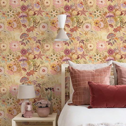 Ismoon Vintage Floral Peel and Stick Wallpaper Deep Beige Contact Paper Jellyfish Starfish Stick on Wall Paper Removable Self Adhesive Vinyl Wallpaper for Bedroom Wall Cabinet Decor 17.3x393in