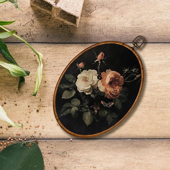 KSDUT Retro Flower Black Wall Art Decor - Botanical Neutral Mid Century Modern Wall Art Canvas Frame Hanging Prints, Vintage Landscape Oval Wall Art Decor for Home Decorations 8.6"x11.4"