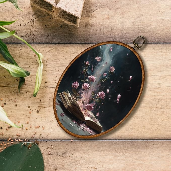 KSDUT Retro Flower Book Wall Art Decor - Botanical Neutral Mid Century Modern Wall Art Canvas Frame Hanging Prints, Vintage Dark Academia Rose Oval Artwork Decor for Home Decorations 8.6"x11.4"