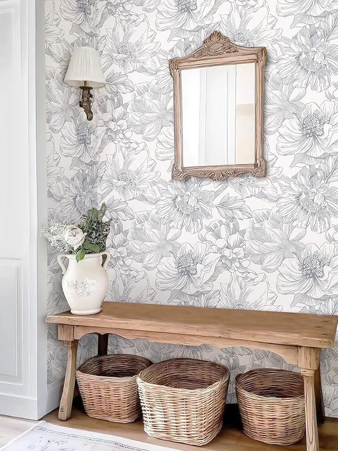 Ismoon Vintage Floral Wallpaper Peel and Stick Boho Beige and Gray Contact Paper 17.3inx6.5ft Removable Self Adhesive Wall Paper for Bathroom Bedroom Cabinet Mural Wall Decor Vinyl Renter Friendly