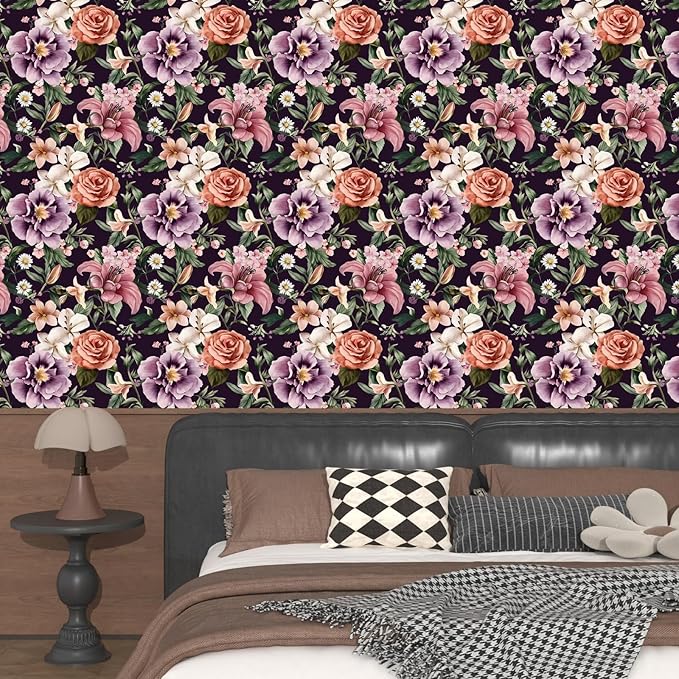 Purple Vintage Floral Wallpaper Peel and Stick Red Rose Peony Flowers Contact Paper 17.5" x 118" Wall Paper Self Adhesive Waterproof Removable for Room Shelves Cabinet Drawer Table Decor