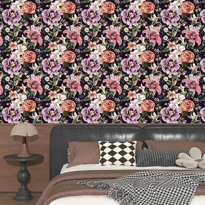Purple Vintage Floral Wallpaper Peel and Stick Red Rose Peony Flowers Contact Paper 17.5" x 118" Wall Paper Self Adhesive Waterproof Removable for Room Shelves Cabinet Drawer Table Decor