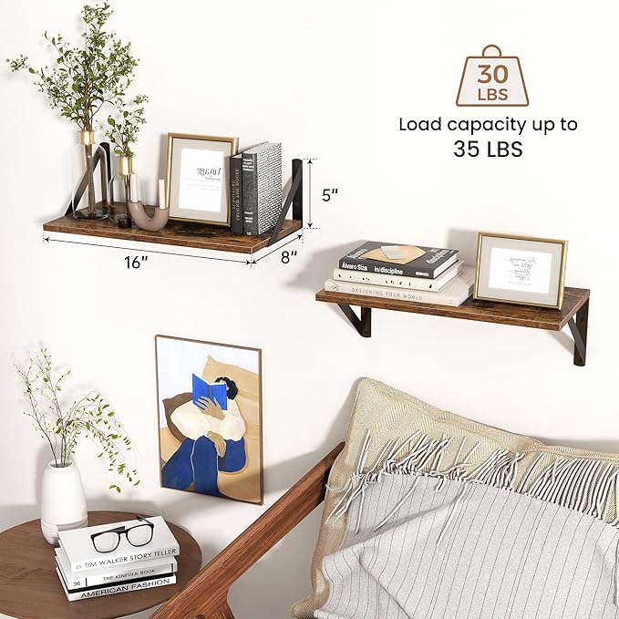 Axeman Floating Shelves for Wall, 16''W x 8''D Wood Floating Shelves Set of 2, 8 Inch Deep Rustic Wall Shelves for Bookshelf Living Room Bedroom Home Office Bathroom