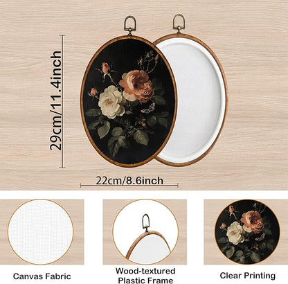 KSDUT Retro Flower Black Wall Art Decor - Botanical Neutral Mid Century Modern Wall Art Canvas Frame Hanging Prints, Vintage Landscape Oval Wall Art Decor for Home Decorations 8.6"x11.4"