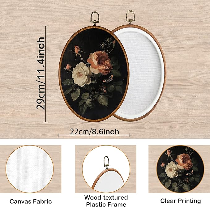KSDUT Retro Flower Black Wall Art Decor - Botanical Neutral Mid Century Modern Wall Art Canvas Frame Hanging Prints, Vintage Landscape Oval Wall Art Decor for Home Decorations 8.6