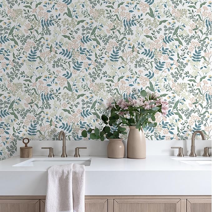 Floral Peel and Stick Wallpaper Boho Blue Floral Contact Paper Vintage Pink Flower Wallpaper Self Adhesive Removable Wall Paper for Bedroom Bathroom Cabinets Waterproof Vinyl Roll 17.3"x78.7"