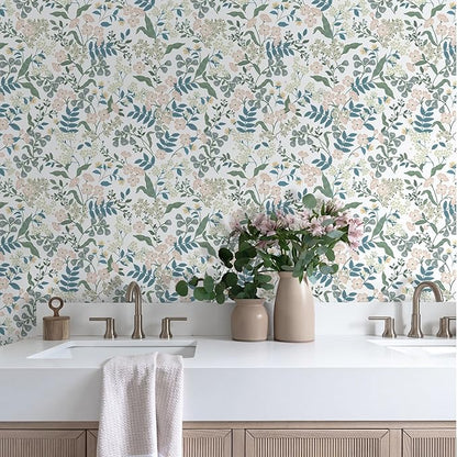 Floral Peel and Stick Wallpaper Boho Blue Floral Contact Paper Vintage Pink Flower Wallpaper Self Adhesive Removable Wall Paper for Bedroom Bathroom Cabinets Waterproof Vinyl Roll 17.3"x78.7"