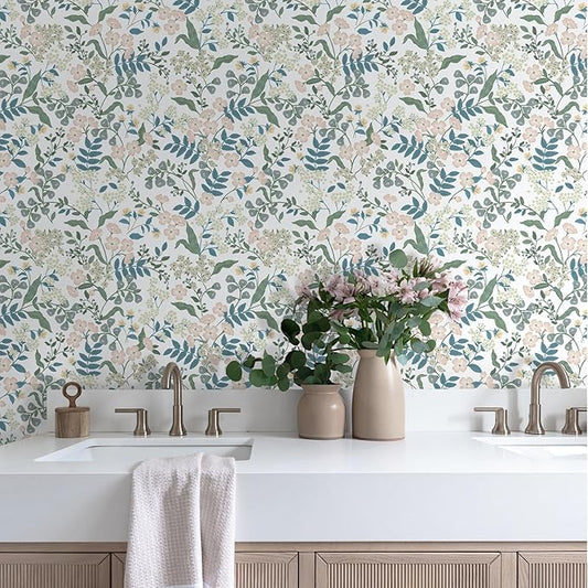 Floral Peel and Stick Wallpaper Boho Blue Floral Contact Paper Vintage Pink Flower Wallpaper Self Adhesive Removable Wall Paper for Bedroom Bathroom Cabinets Waterproof Vinyl Roll 17.3"x78.7"