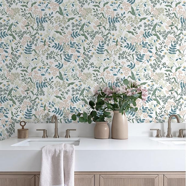 Floral Peel and Stick Wallpaper Boho Blue Floral Contact Paper Vintage Pink Flower Wallpaper Self Adhesive Removable Wall Paper for Bedroom Bathroom Cabinets Waterproof Vinyl Roll 17.3"x78.7"